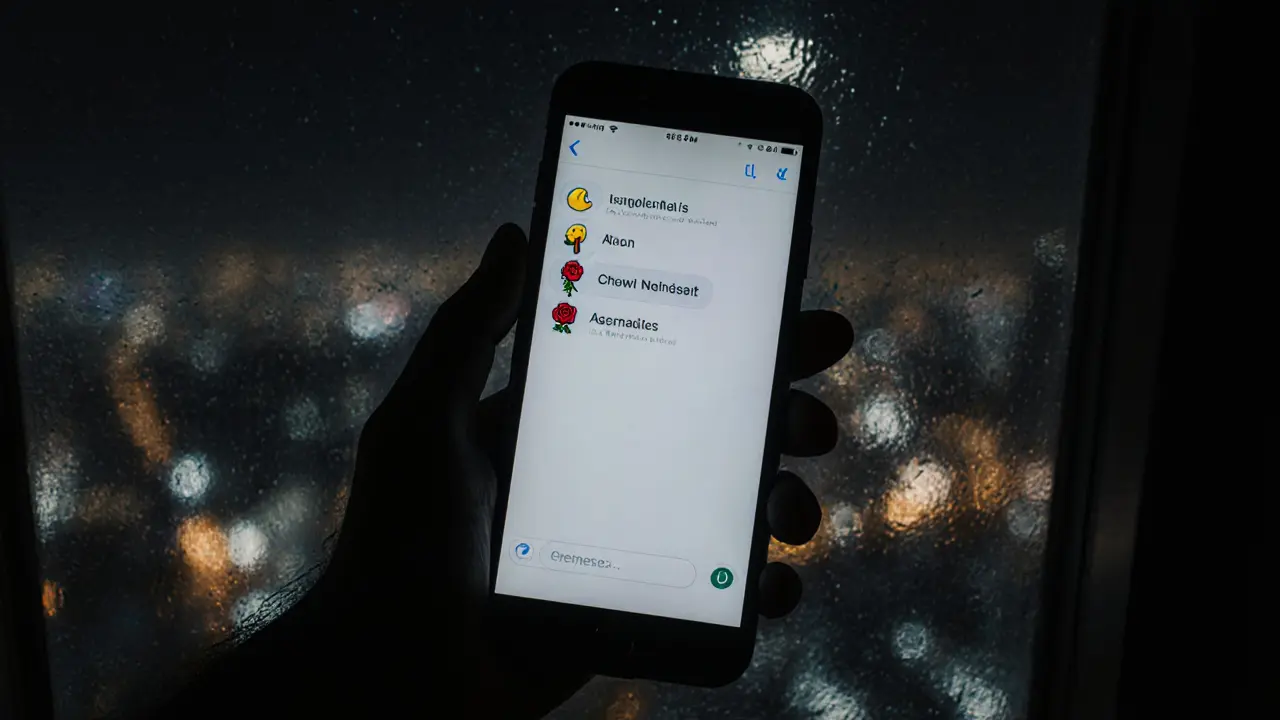 A phone screen showing three emojis—moon, key, rose—reflected in a rainy window.