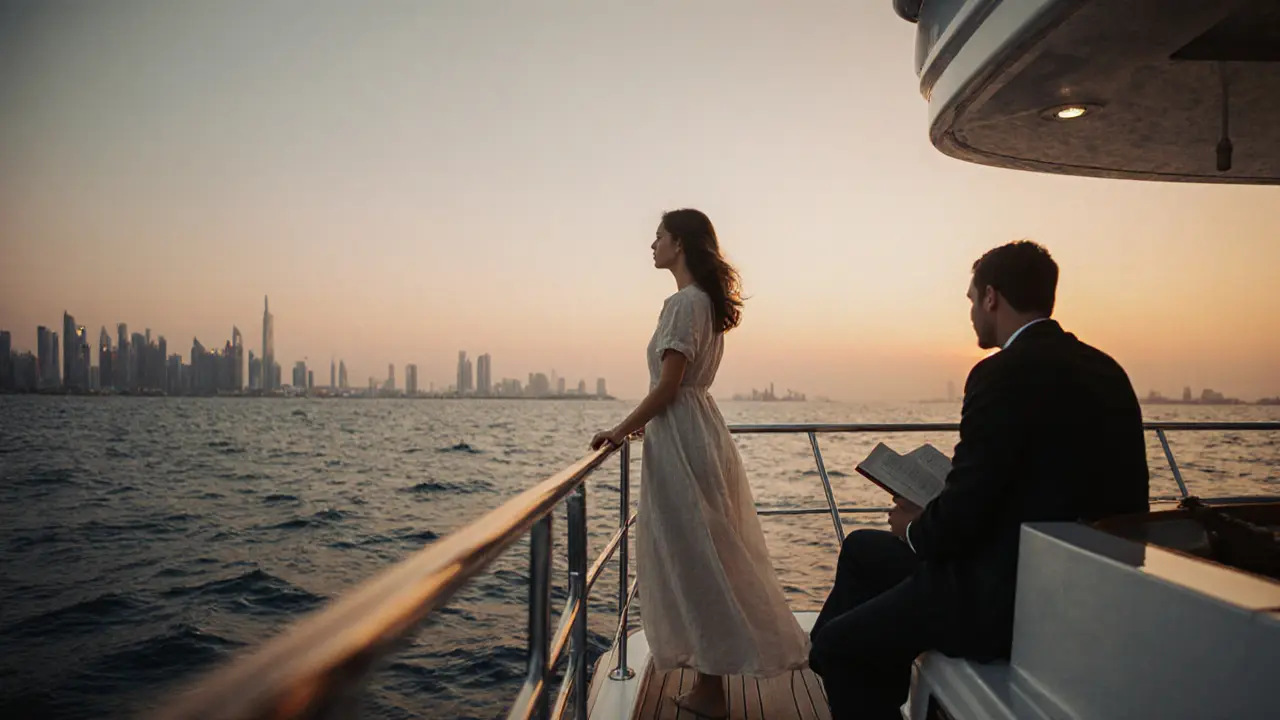 A private yacht at dusk with a woman at the rail and a man reading quietly behind her, no faces visible.