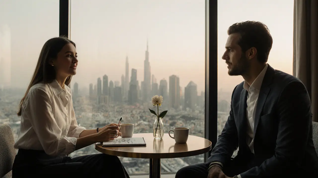 A professional meeting at a stylish Dubai café, two people engaged in calm, respectful conversation.