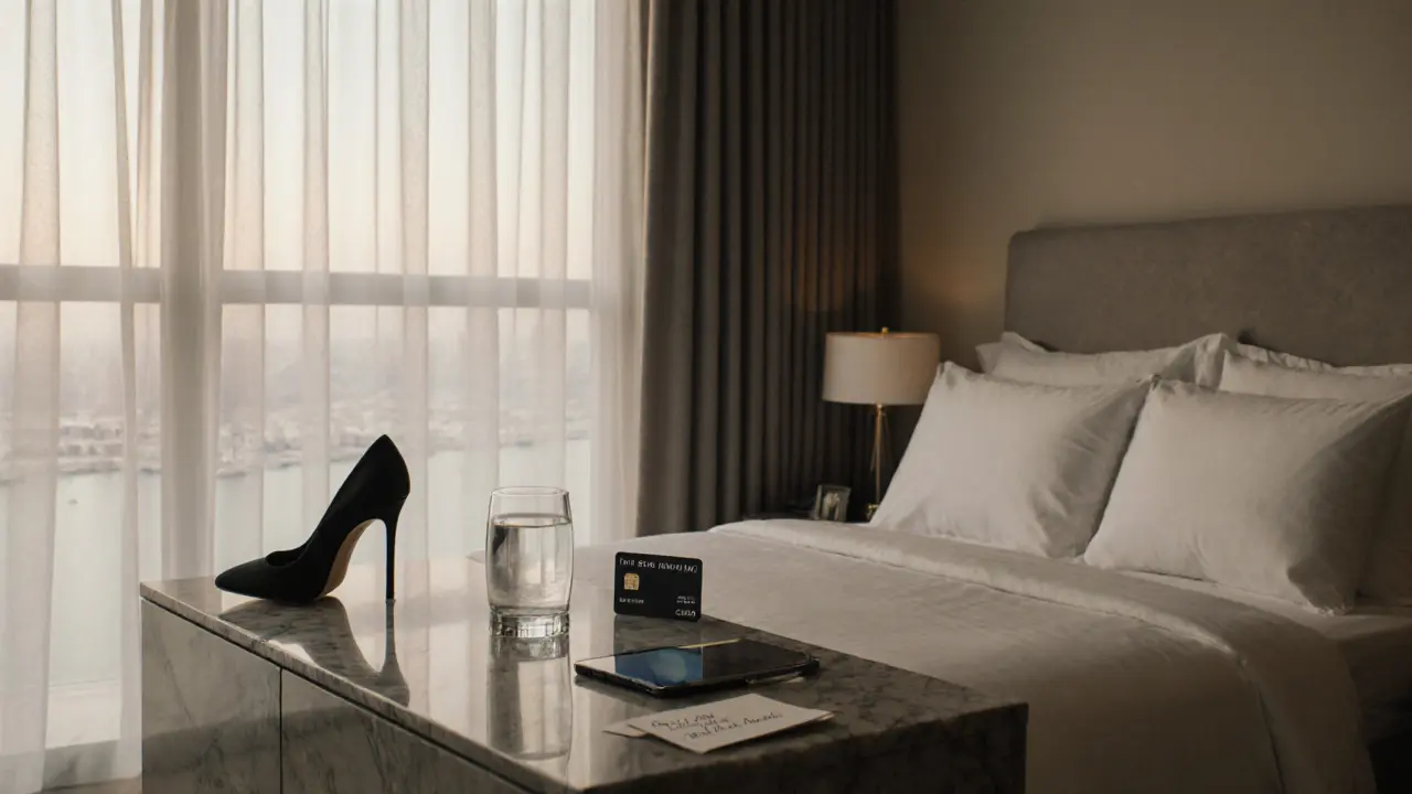 A quiet luxury apartment at dawn, hinting at a discreet evening with a single high heel and hotel keycard.