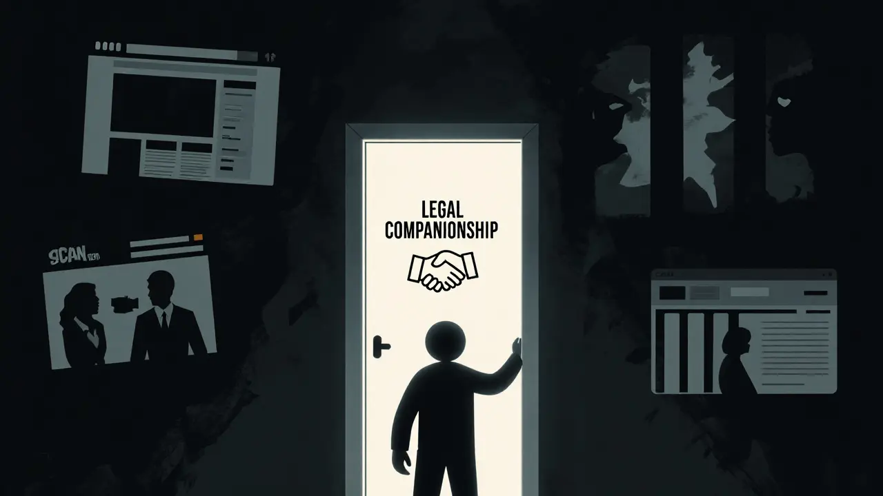 A shadowy figure choosing a lit door labeled &#039;Legal Companionship&#039; over dark threats of scams and jail.