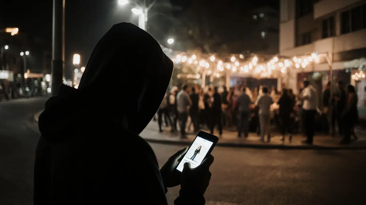 A shadowy figure near surveillance cameras, with a vibrant social event glowing in the background.