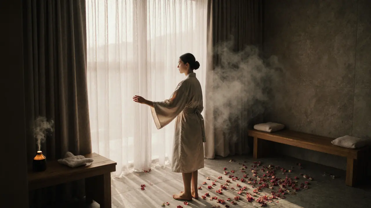 A silk robe draped over a woman&#039;s arm in a private spa suite with steam and soft light.