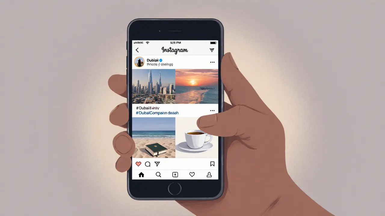 A smartphone displaying a tasteful Instagram feed of Dubai scenes with subtle companion hashtags, no explicit imagery.
