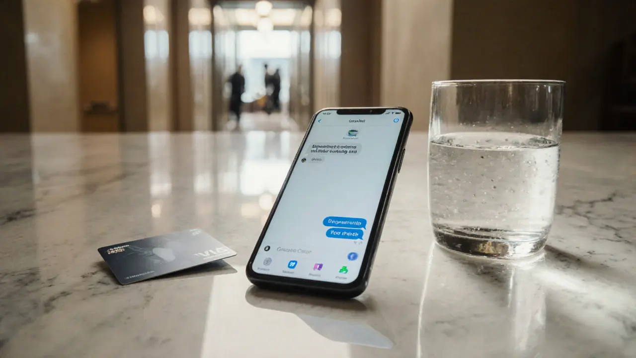 A smartphone on marble with hotel keycard, symbolizing discreet communication and privacy in Dubai.
