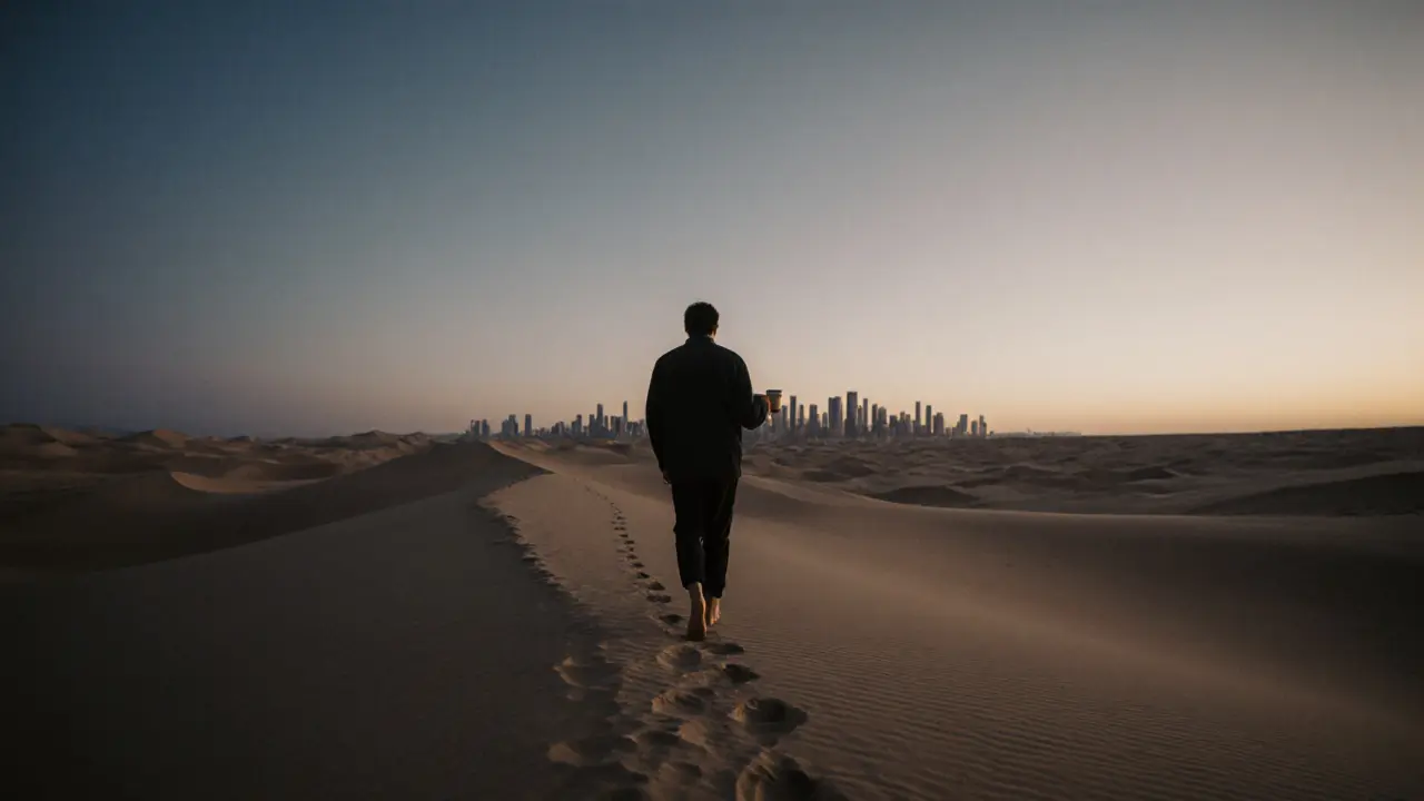 A solitary figure walking barefoot on a desert dune at dawn, with Dubai’s skyline in the distance.