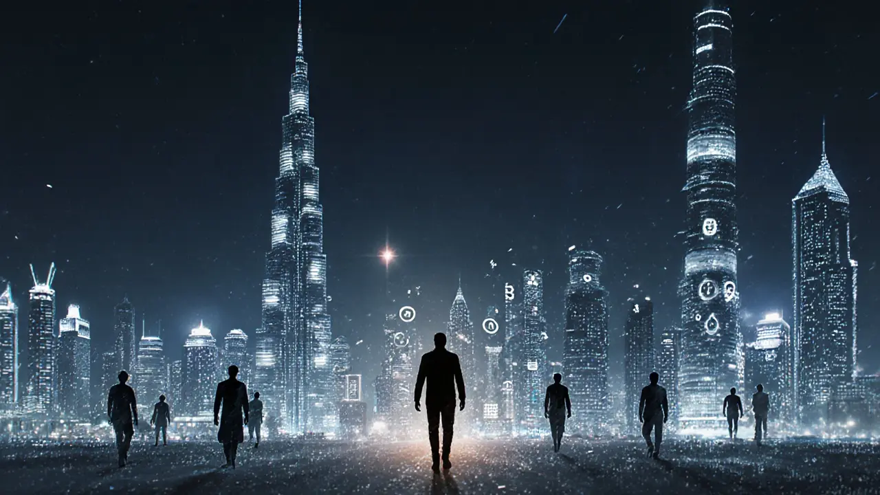 A solitary figure walks from Dubai&#039;s skyline as shadowy connections fade into digital code.