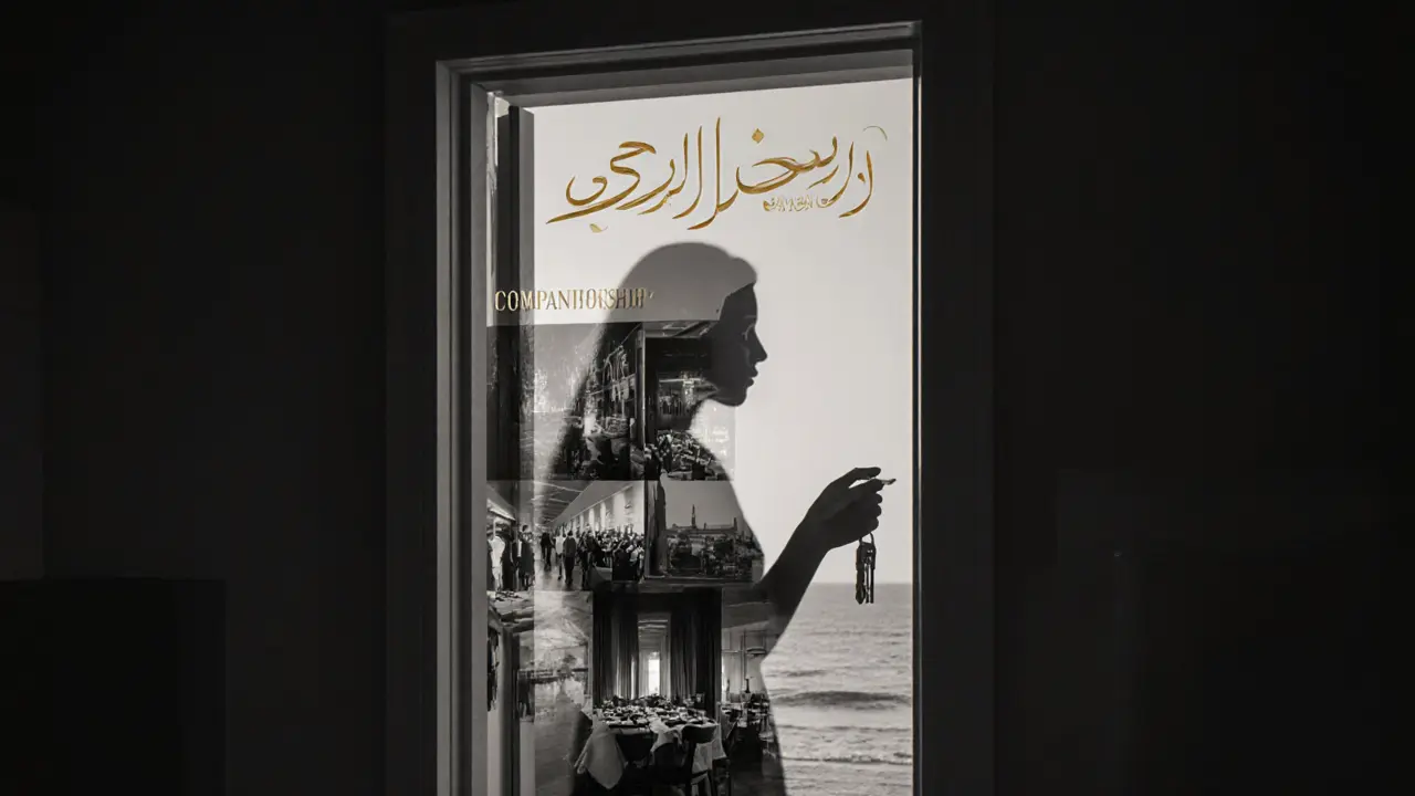 A symbolic image of companionship in Dubai, with abstract scenes behind a translucent figure.