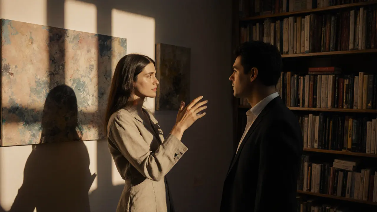 A woman and man engaged in deep conversation among art books in a quiet Dubai gallery district.