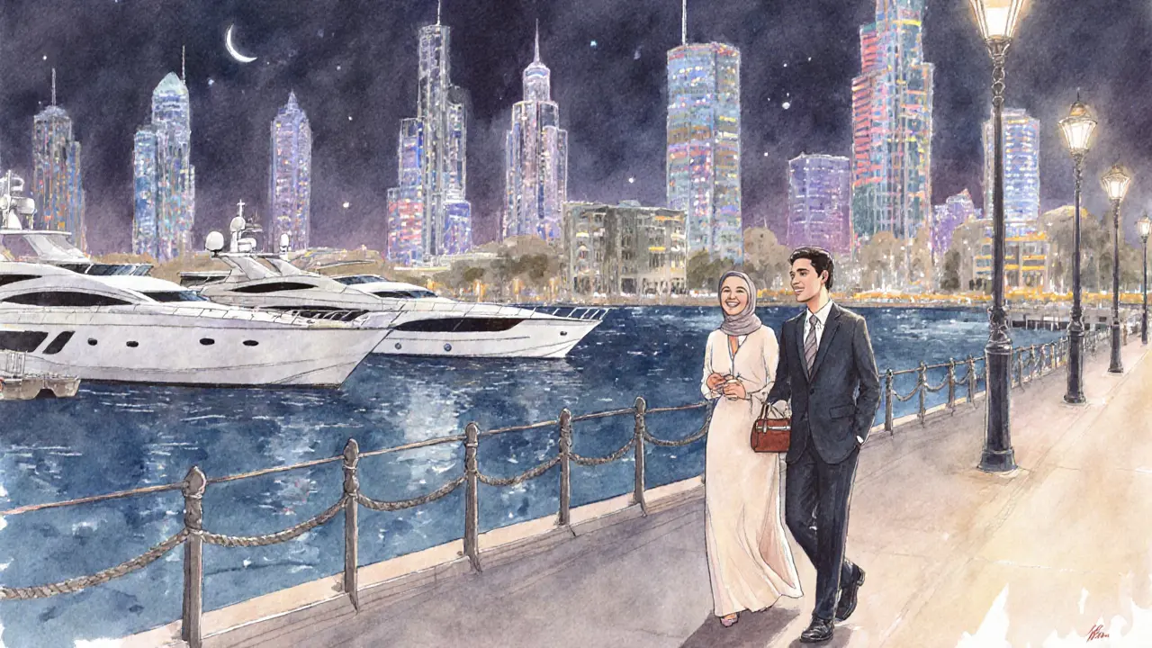 A woman in modest clothing walks beside a traveler along the Dubai Marina at night.