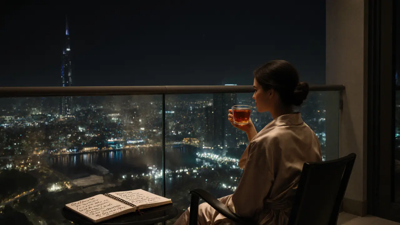 A woman on a penthouse balcony at night, looking out over Dubai&#039;s lights with a notebook beside her.