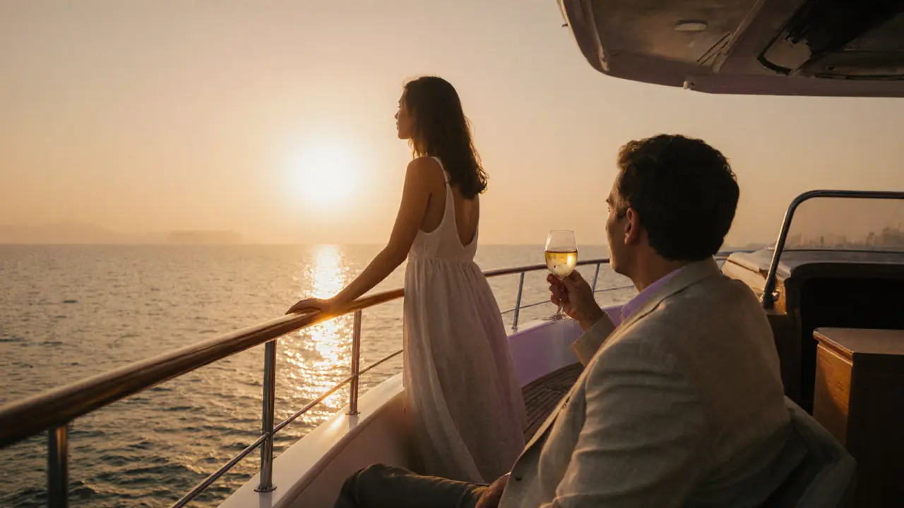 A woman standing on a yacht at sunset, gazing at the horizon as the city glows behind her.