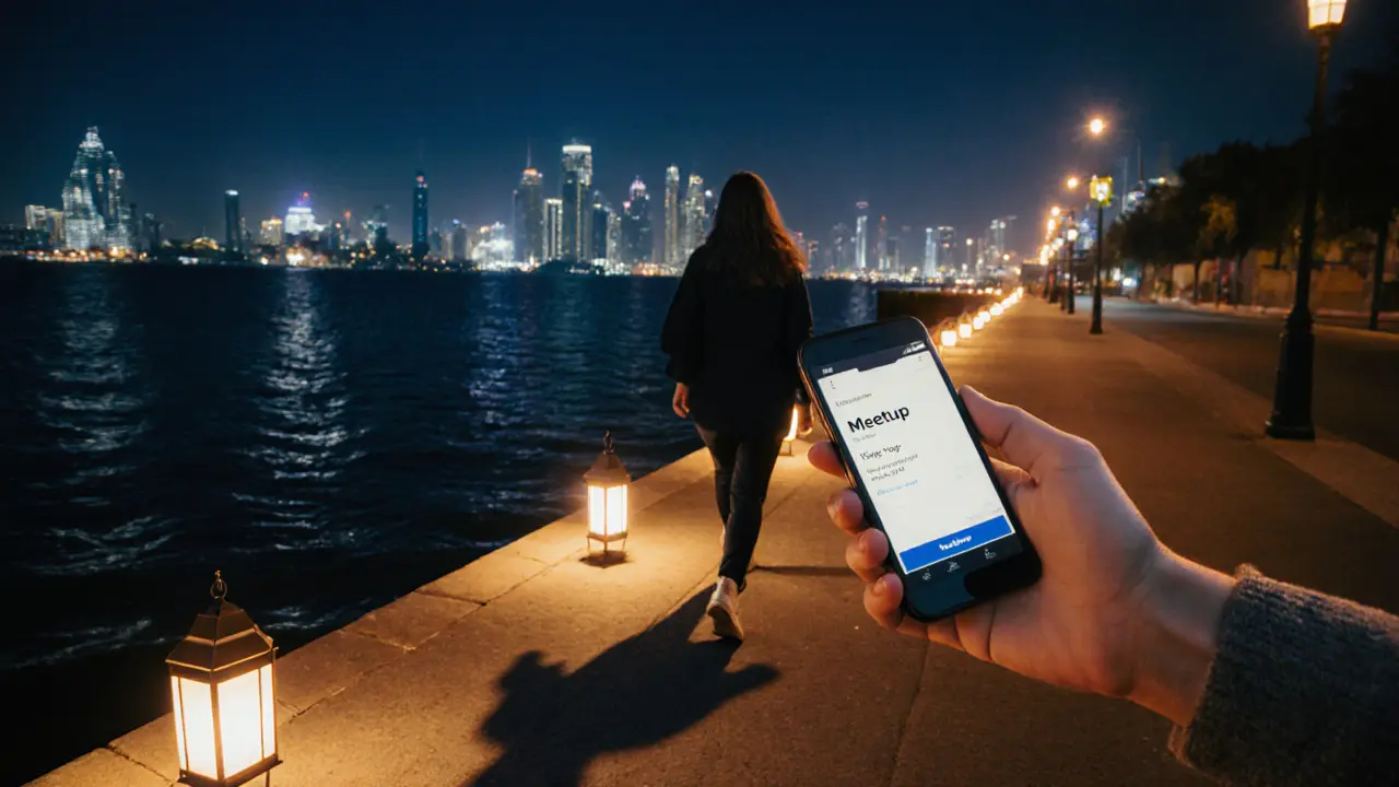 A woman walking alone along Dubai Creek at night, lanterns glowing, skyline shimmering in the distance.