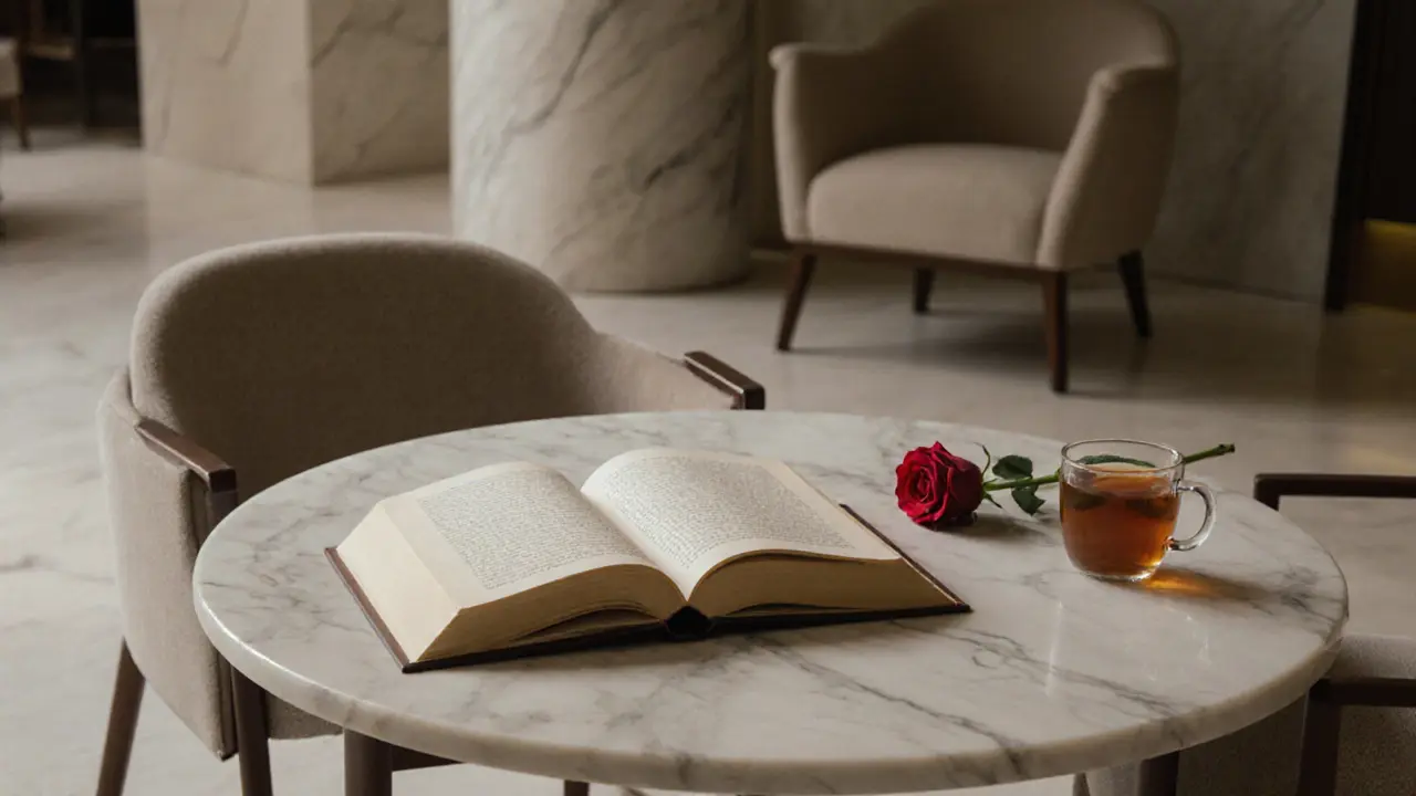 An empty hotel lobby chair beside an open book and tea, suggesting a meaningful human connection.