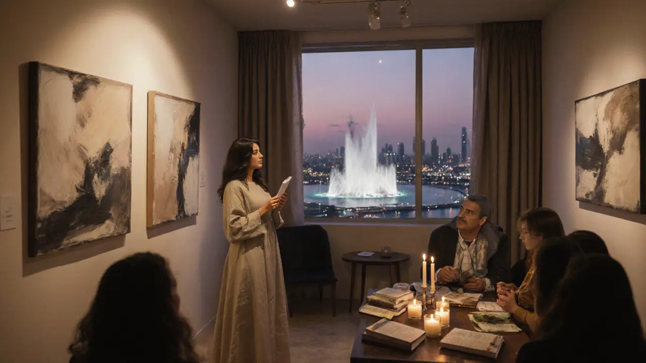 An intimate art gallery in Dubai at dusk, a woman listening to poetry under candlelight.