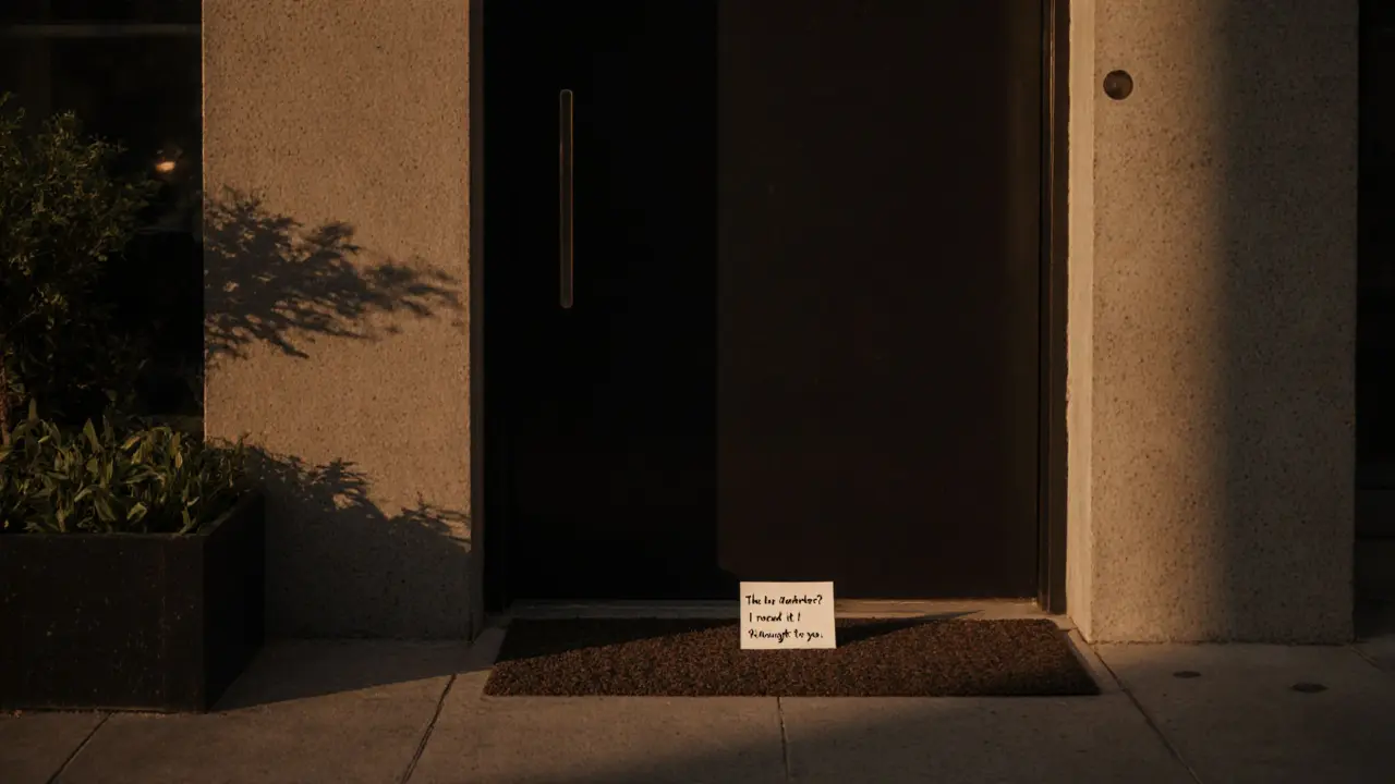 An unmarked door in Alserkal Avenue with a handwritten note beneath it, bathed in twilight glow.
