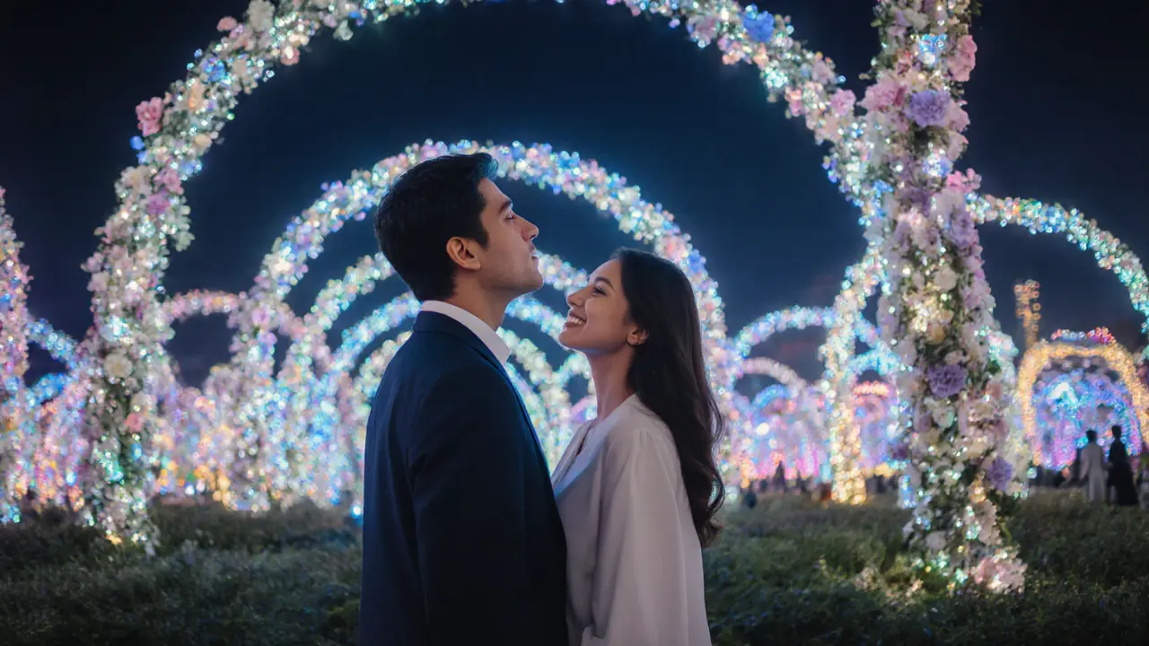 Companion and client admiring illuminated floral sculptures at Dubai Miracle Garden after dark.