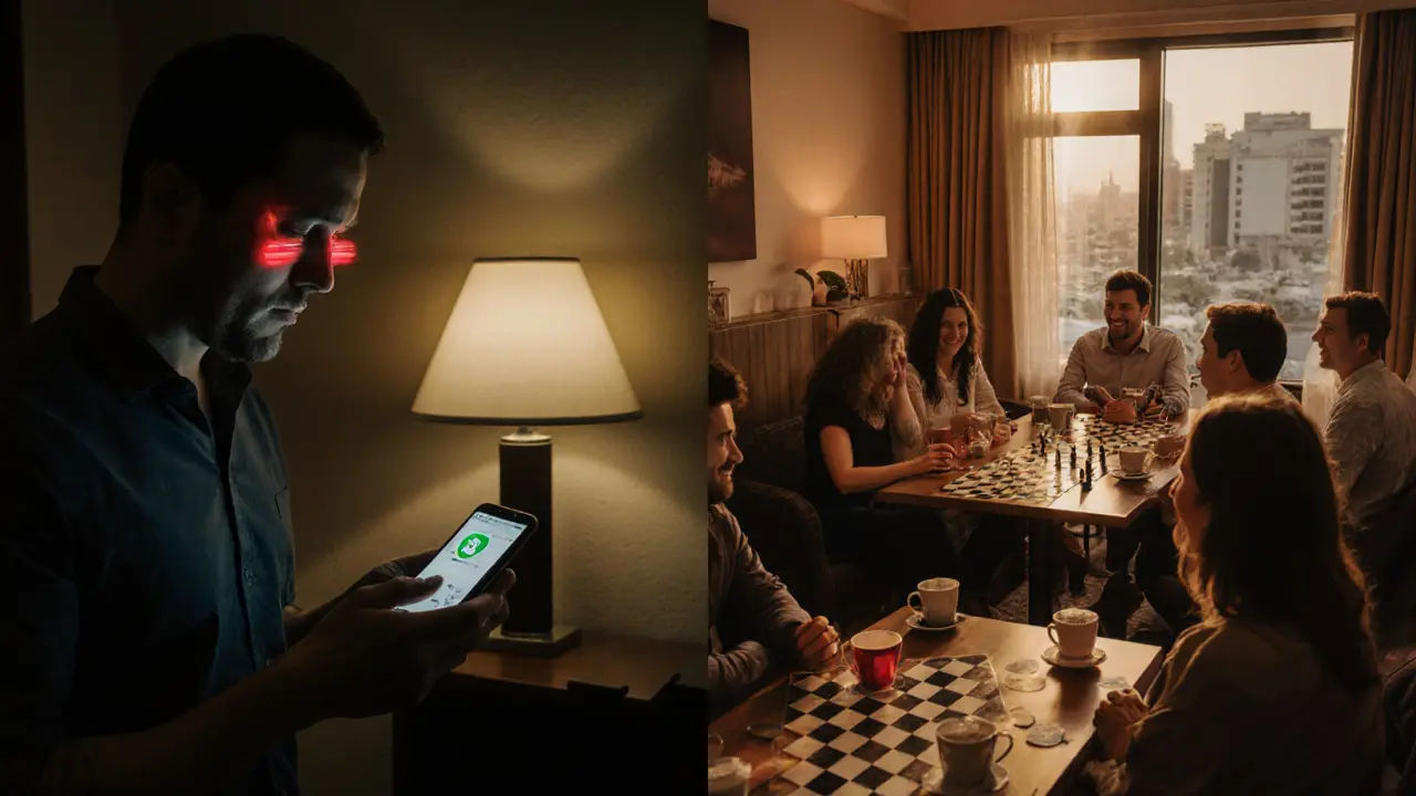 Contrasting scenes: man in hotel room with scam message vs. people socializing at a café.