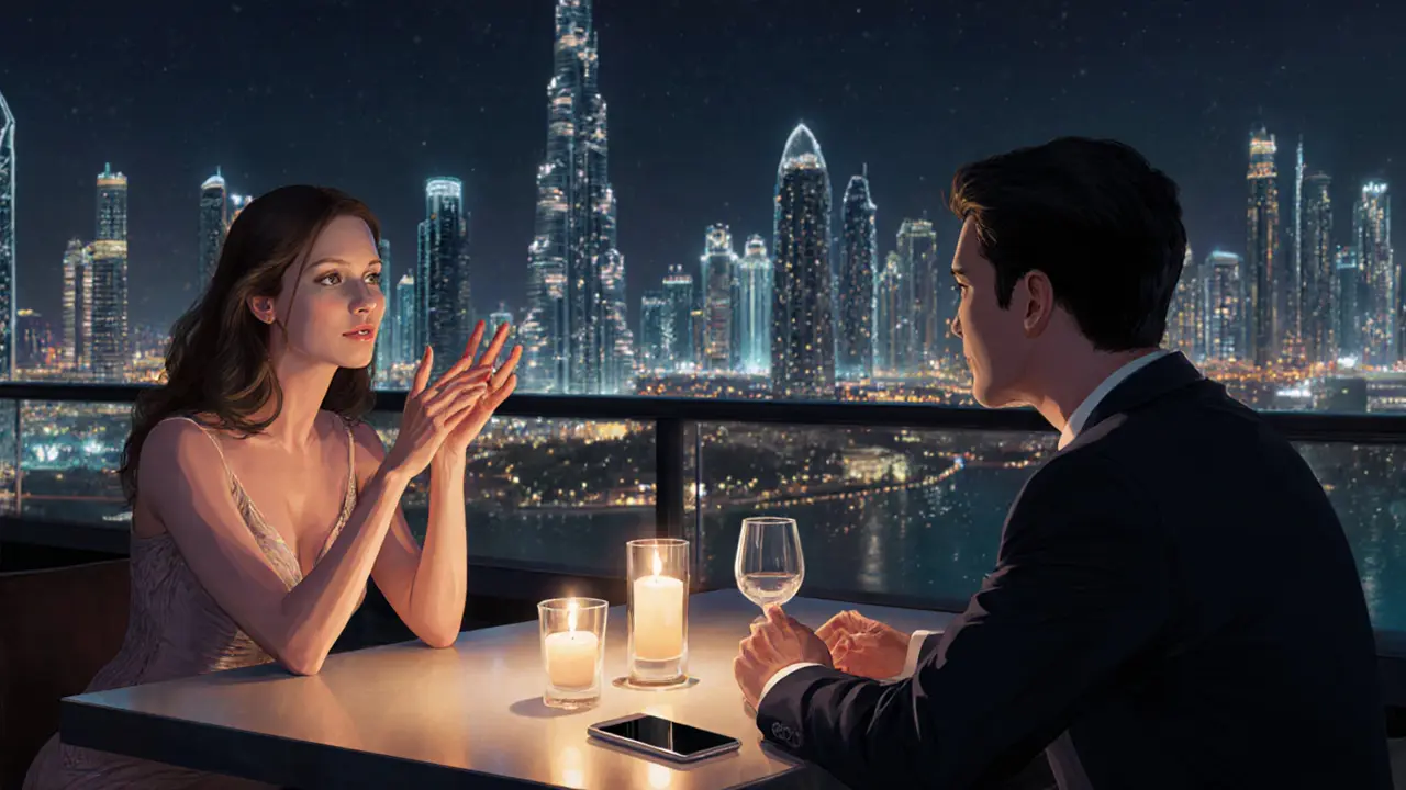 Couple talking at a rooftop bar in Dubai, skyline glowing behind them, atmosphere of quiet companionship.