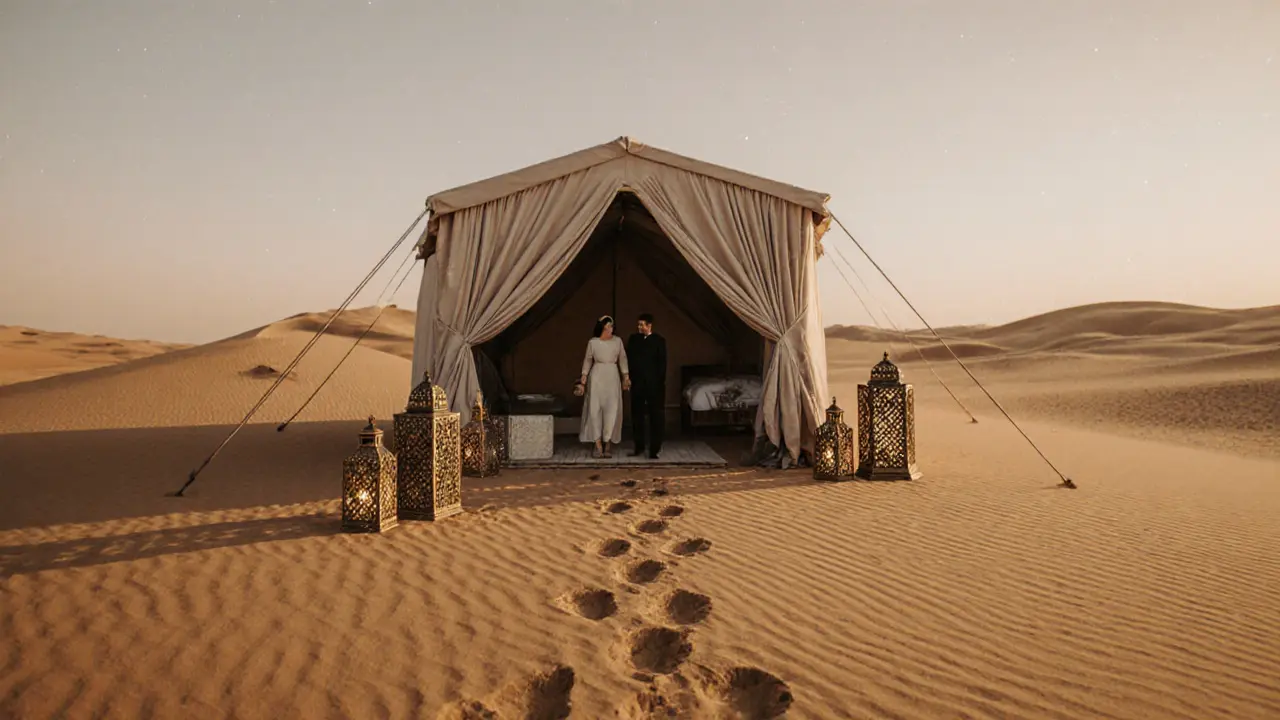 Desert retreat tent at dawn with lantern light on sand, hidden outdoor bath, and footprints leading into the dunes.
