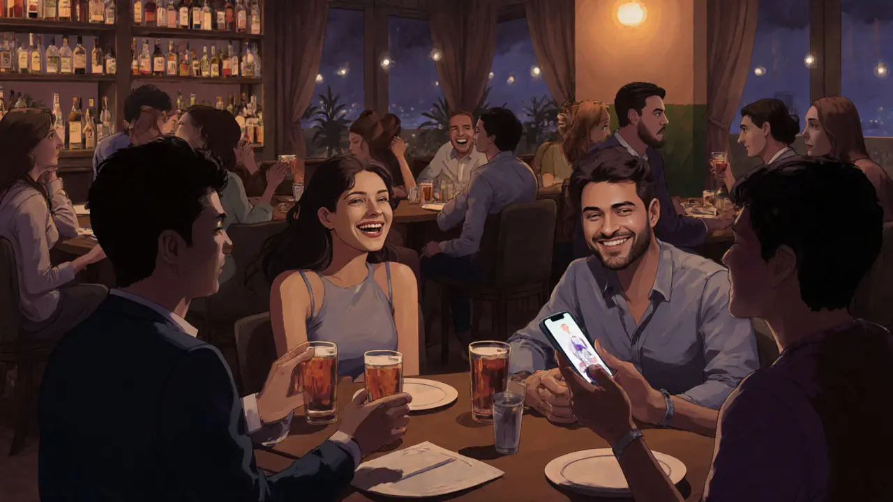 Diverse expats socialize in a Dubai bar, chatting quietly, no physical contact, warm ambient lighting.