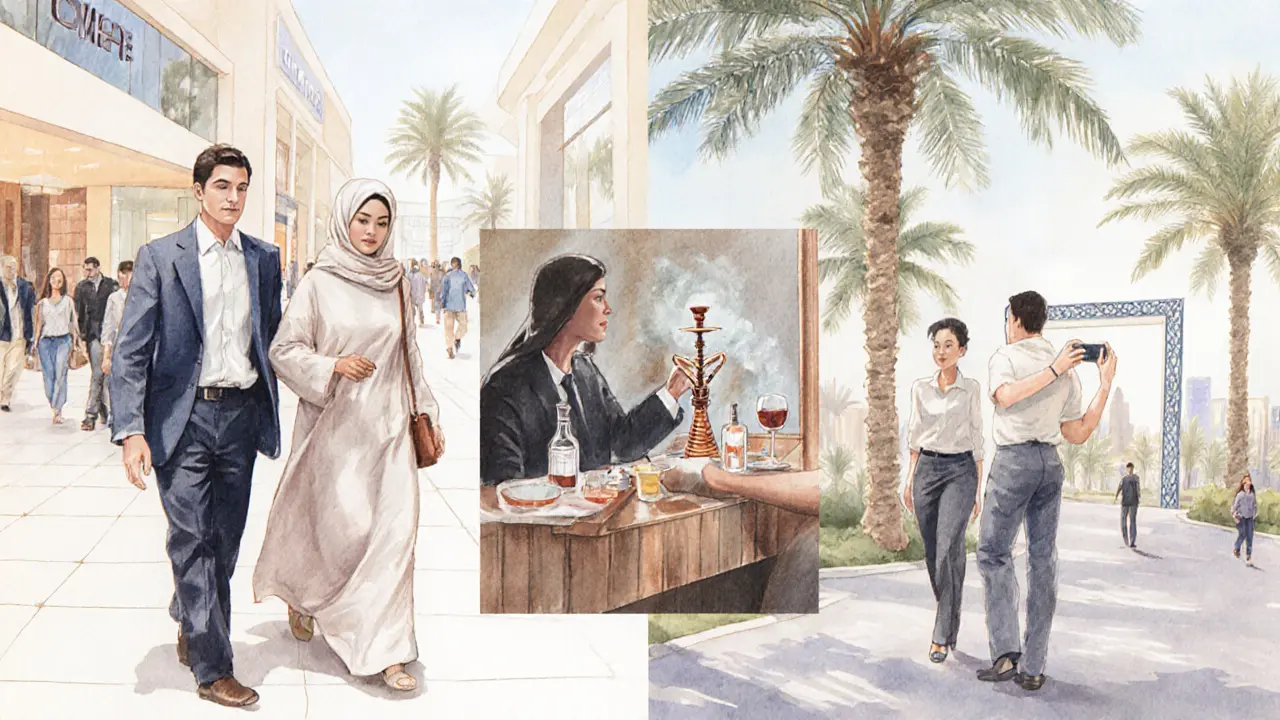 Diverse travelers enjoying Dubai with companions — walking through the mall, relaxing at a lounge, and taking photos at the Dubai Frame.