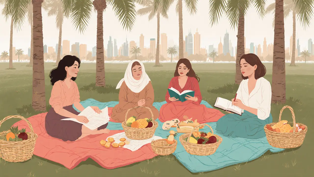 Diverse women having a peaceful picnic in Zabeel Park, reading and chatting under palm trees.
