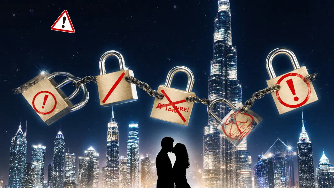 Dubai skyline with glowing padlocks and warning symbols symbolizing legal restrictions on intimacy.