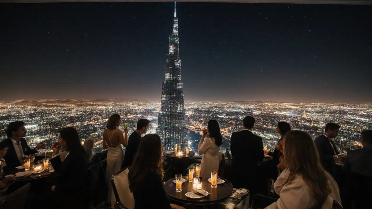 Elegant rooftop lounge high above Dubai with city lights glowing in the background.