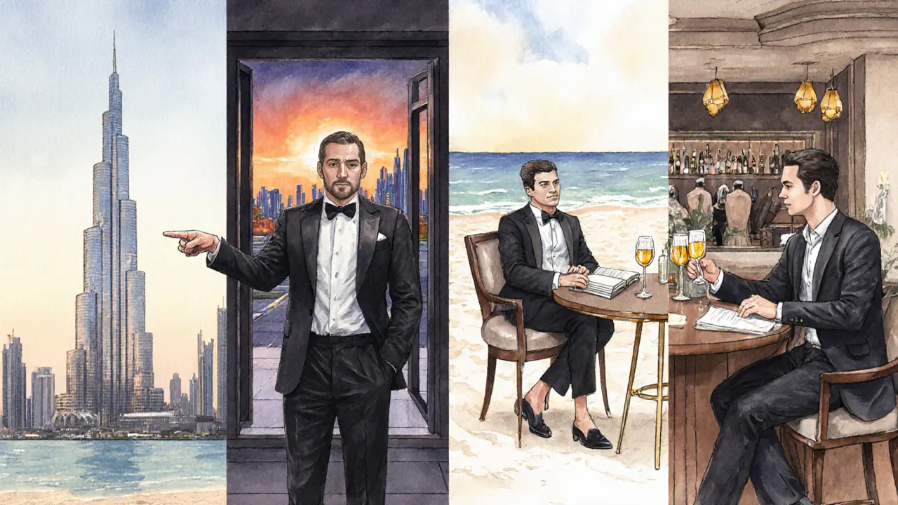 Four types of Dubai companions depicted: cultural guide, nightlife expert, quiet companion, and professional networker in stylized watercolor panels.
