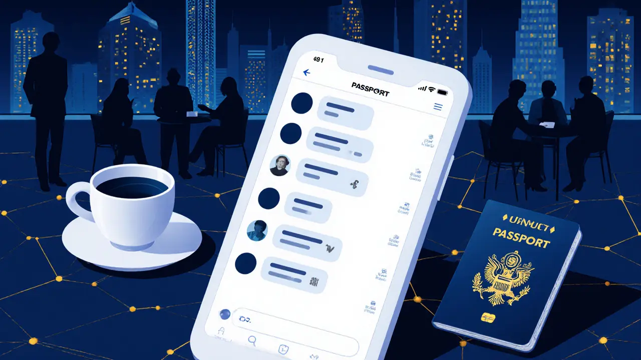 Hidden digital connections in Dubai: encrypted messages, a keycard, and silhouettes of discreet meetings.