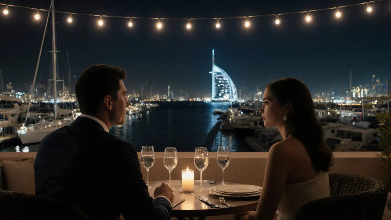 Intimate dinner on a rooftop lounge overlooking Dubai Marina with candlelight and yachts in the background.