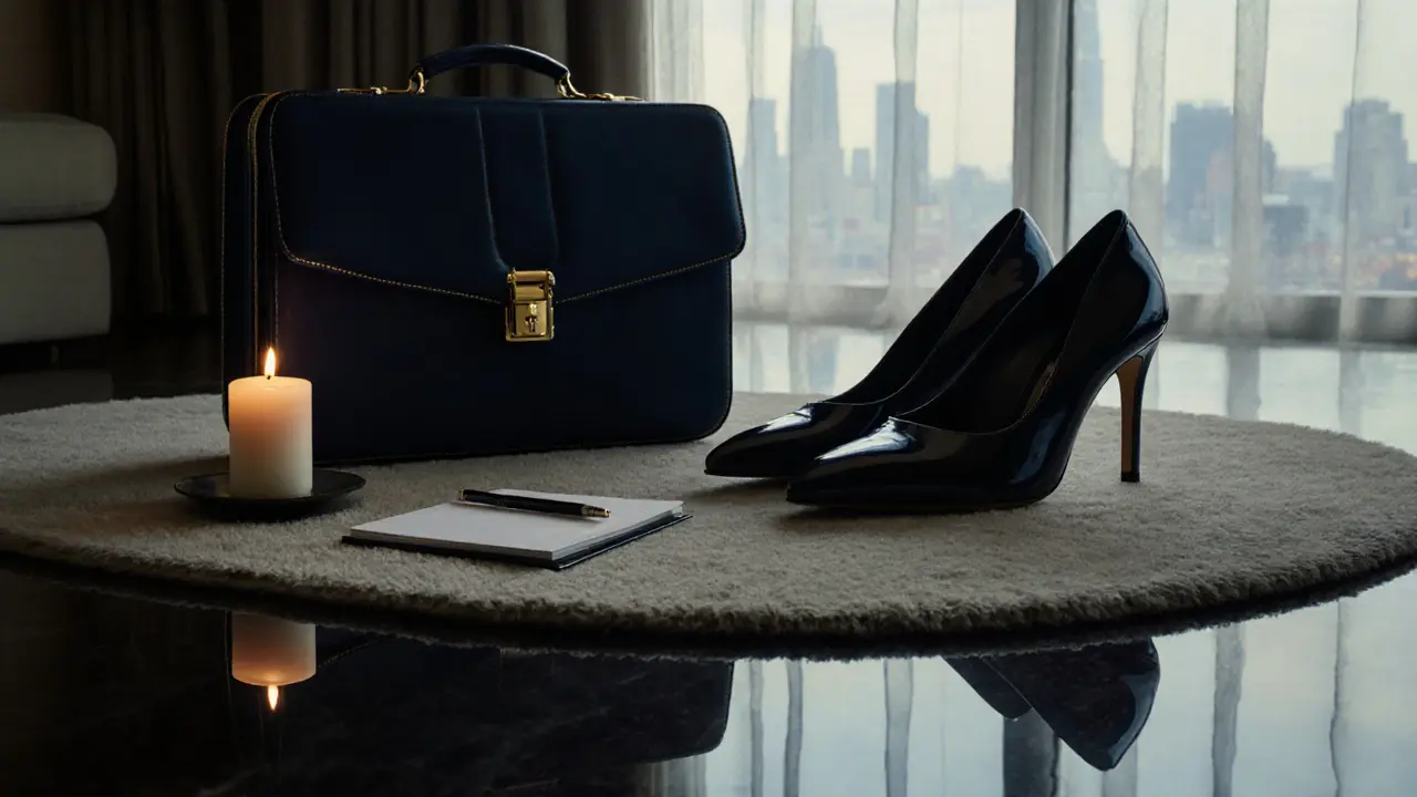 Polished high-heeled shoes and a locked briefcase on a hotel room rug with city skyline reflection.