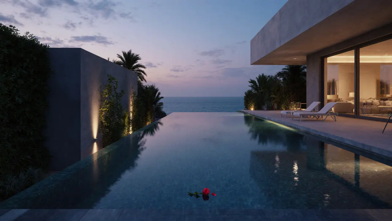 Private villa with infinity pool merging into ocean at twilight, surrounded by high walls and lush greenery in Dubai.