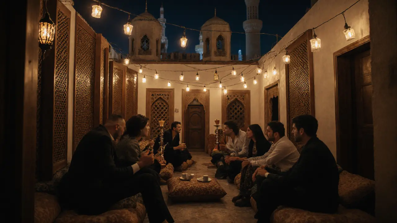 Quiet courtyard in old Dubai with people enjoying shisha and coffee under warm string lights.