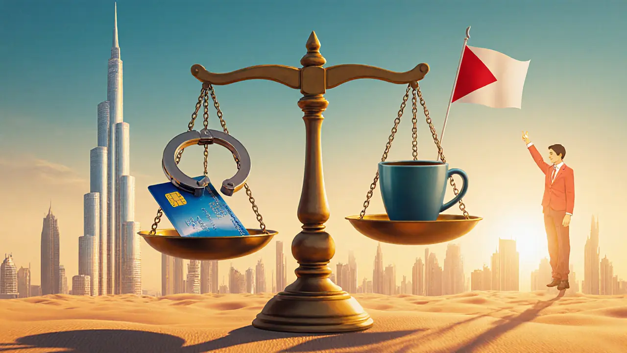 Scales of justice balance a hotel keycard and handcuffs against a tour guide flag and coffee cup in Dubai&#039;s desert skyline.