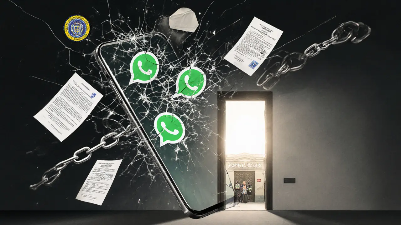 Shattered phone screen revealing chains, police badges, and a door to a social club.