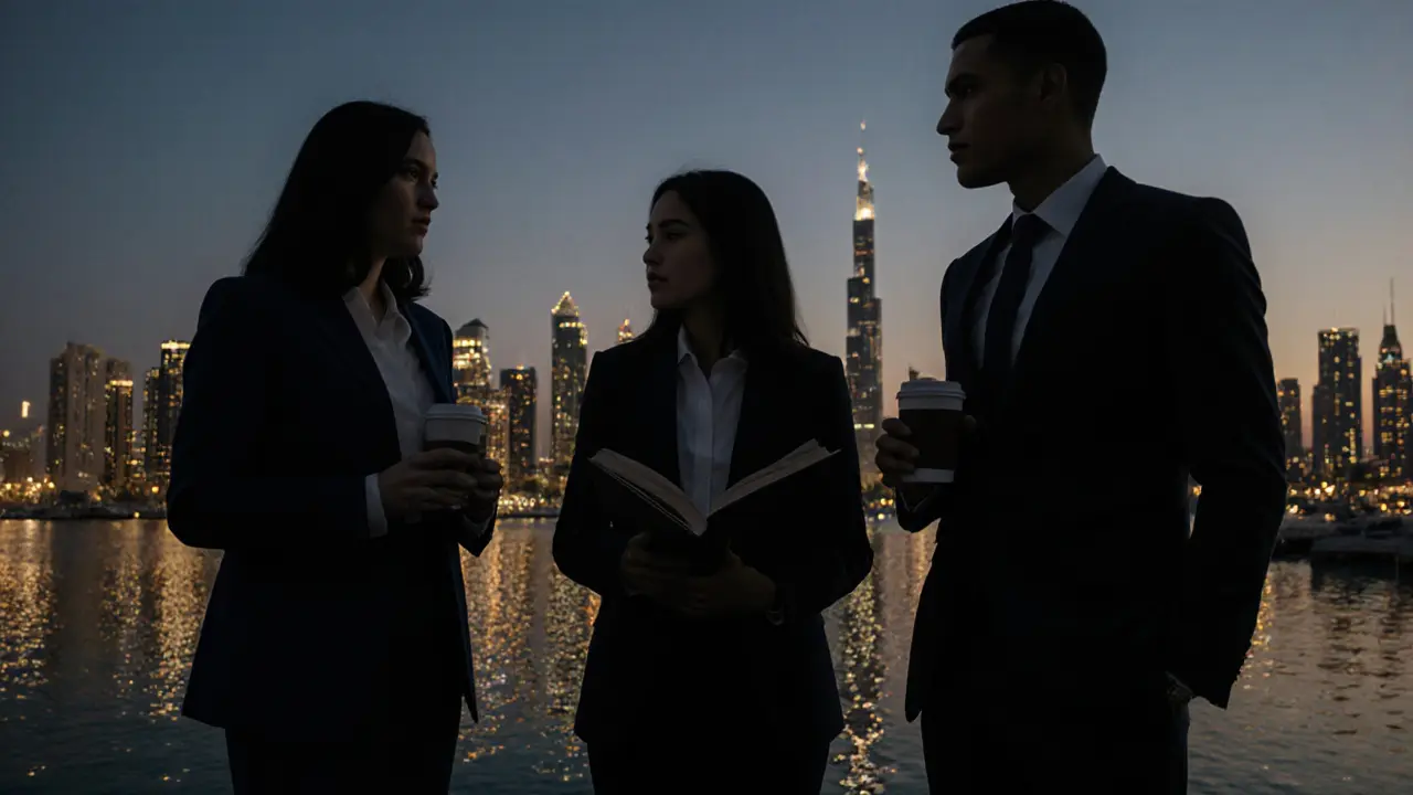 Silhouettes of professional companions against the Dubai Marina skyline at dusk, exuding discretion and elegance.