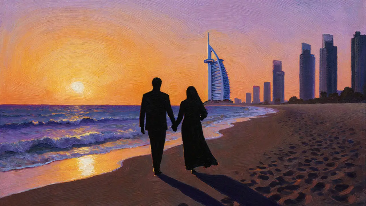 Silhouettes walk together along Jumeirah Beach at sunset, with Dubai&#039;s iconic landmarks faintly visible in the distance.