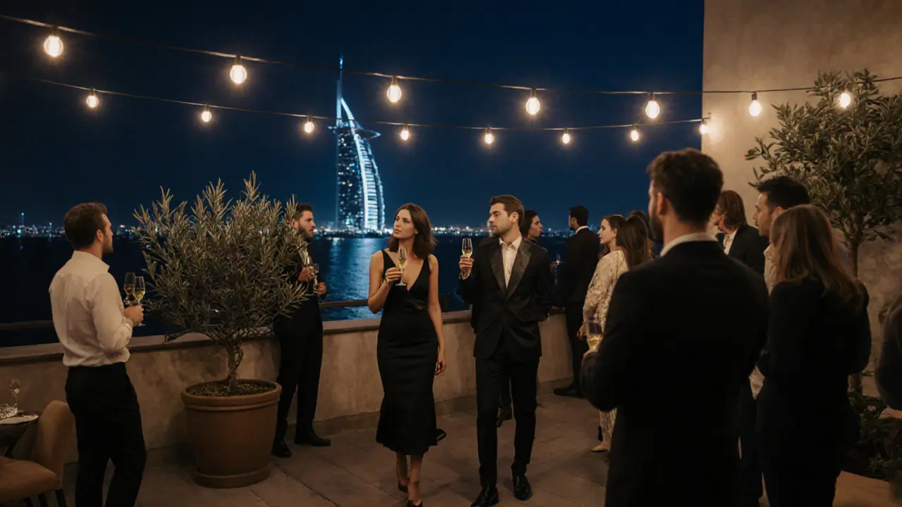 Sophisticated guests mingling at a rooftop lounge in Jumeirah, with the Palm Jumeirah in the distance.