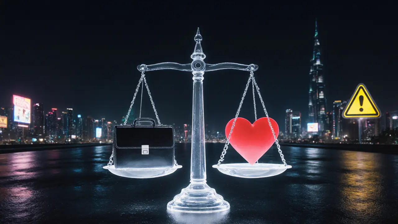 Symbolic scale balancing professionalism and emotion above Dubai&#039;s skyline, representing legal risks of companionship services.
