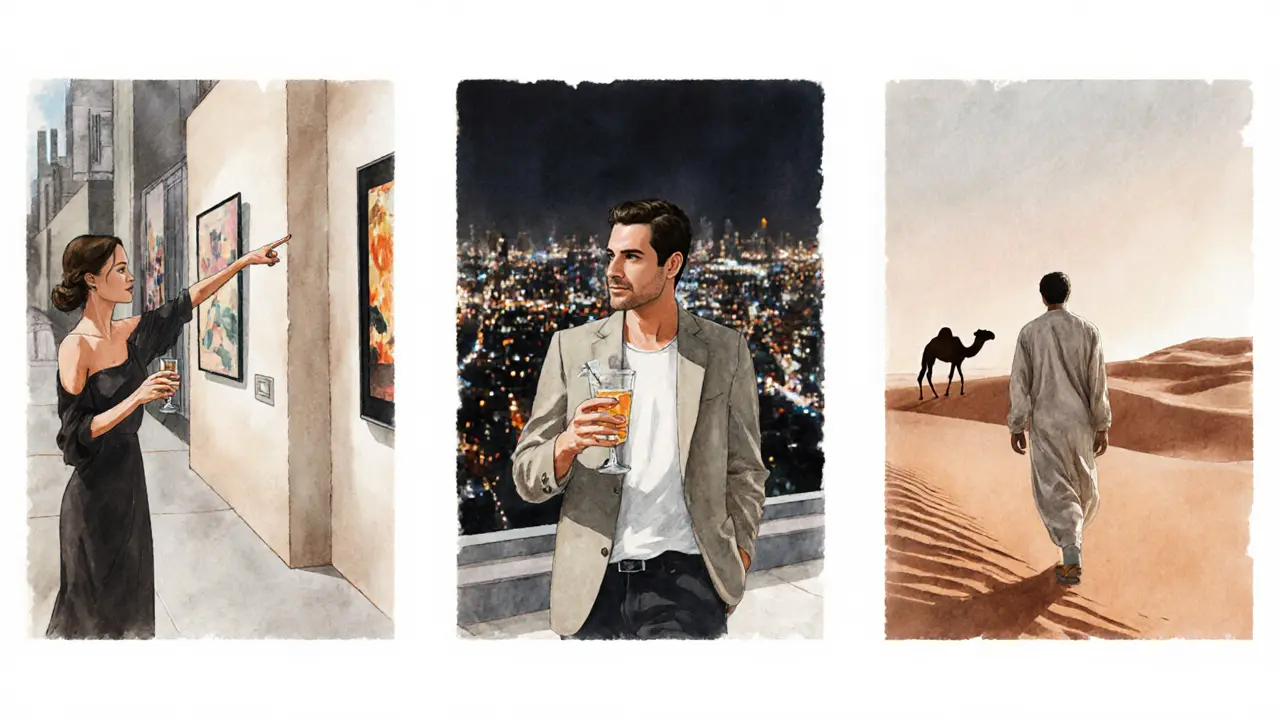 Three scenes depicting cultural, social, and quiet companions in Dubai: gallery, rooftop bar, and desert dawn.