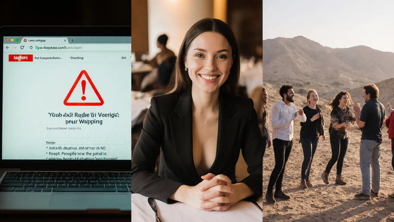Three scenes: online scam ad, hotel hostess at dinner, and people hiking together in Dubai.
