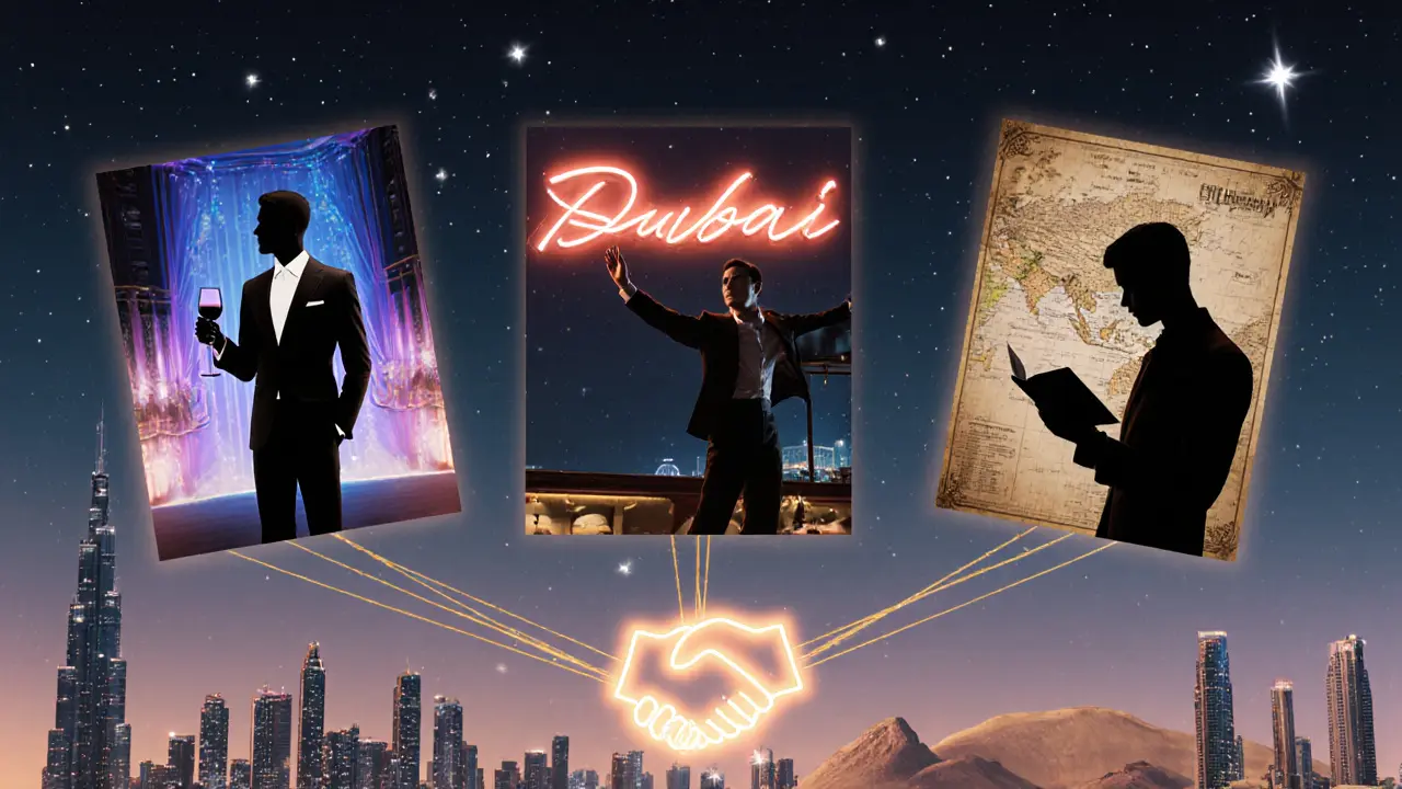 Three stylized figures representing different types of companions in Dubai&#039;s skyline.