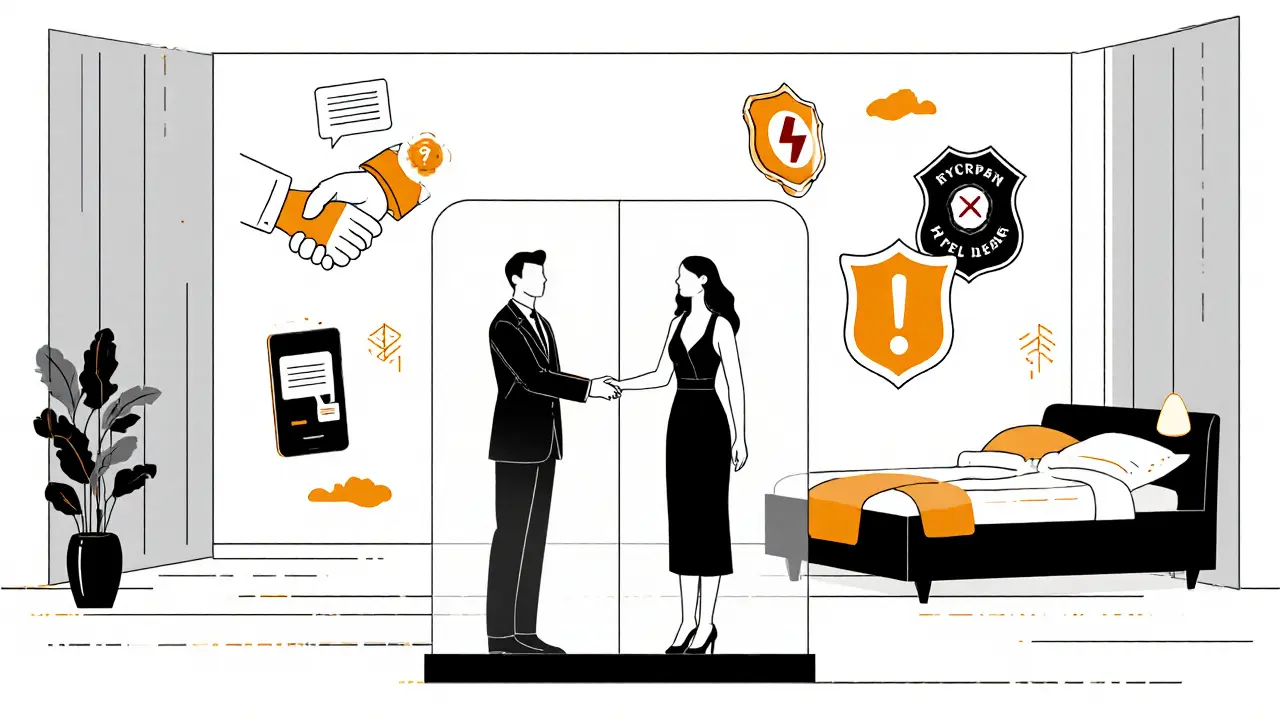 Two figures separated by a transparent shield in a hotel lobby, with symbols of safety and legality floating around them.