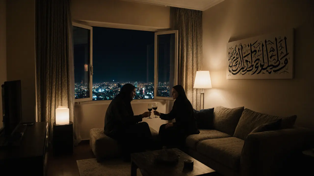 Two individuals sharing a peaceful moment in a private lounge, overlooking Dubai&#039;s skyline at night.