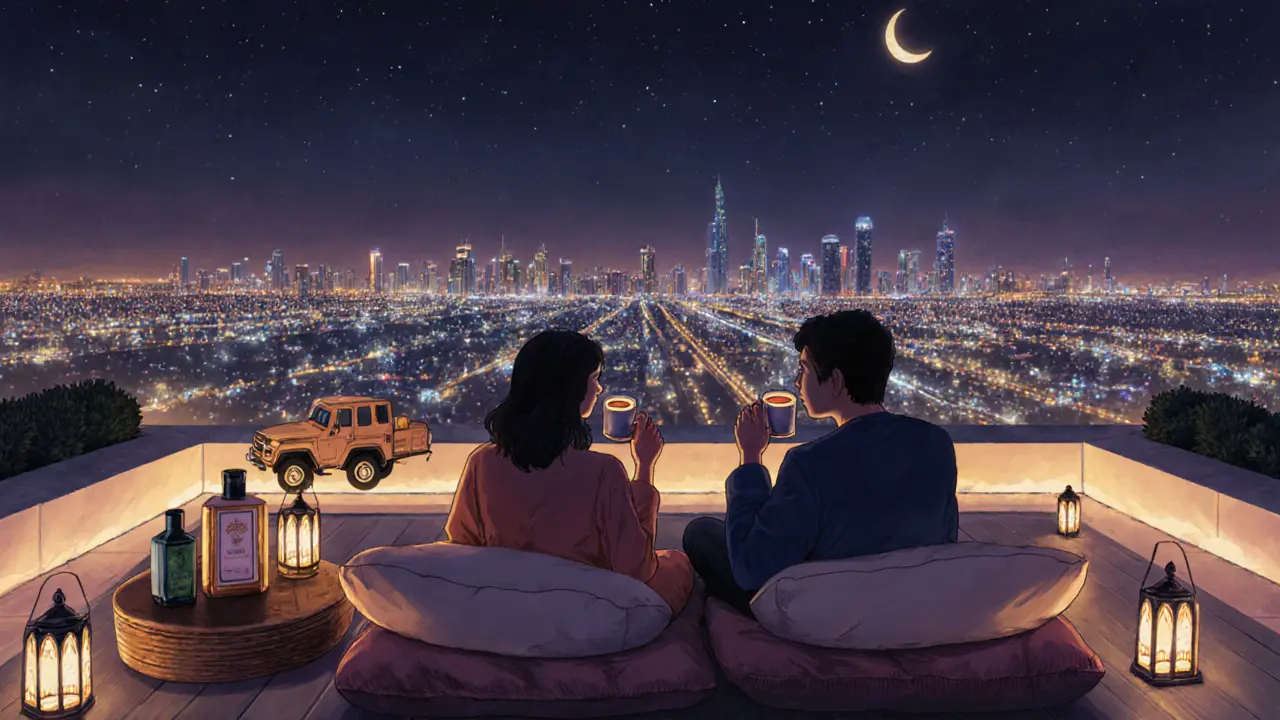 Two people enjoy quiet coffee on a rooftop terrace in Dubai at night, city lights glowing softly below.