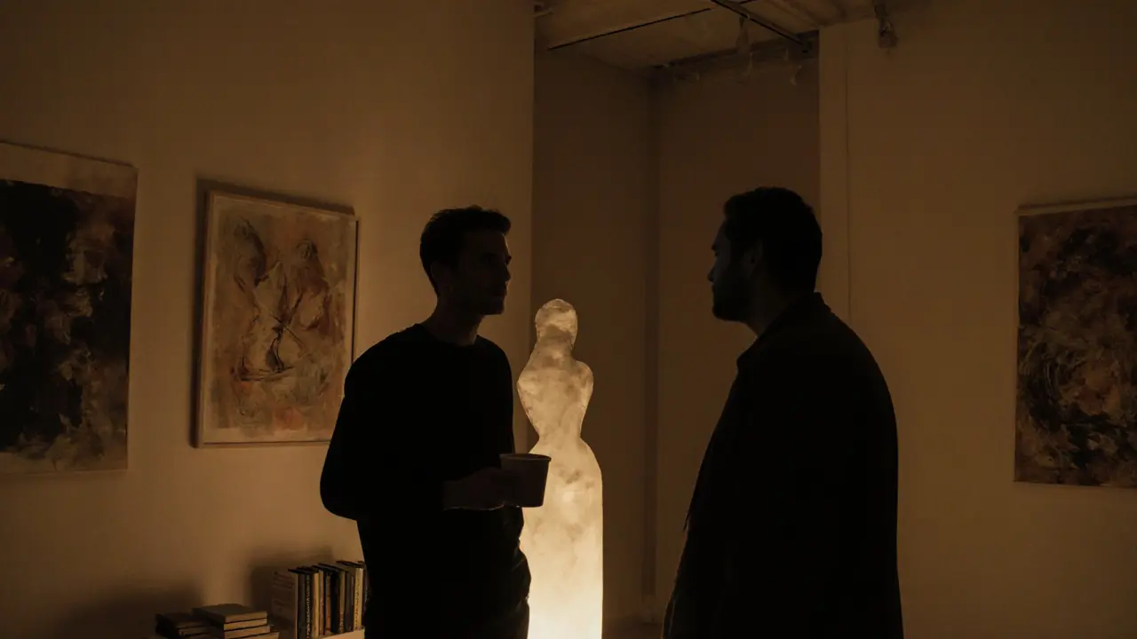 Two people having a quiet conversation in a modern art gallery in Alserkal Avenue, surrounded by abstract art.