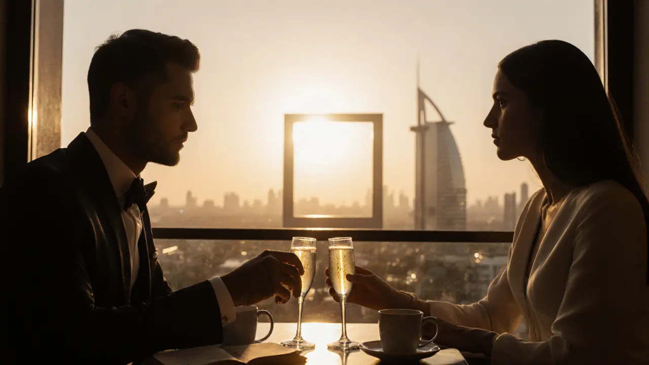Two people sit in quiet companionship on a balcony at sunset, overlooking the Dubai Frame, sharing champagne in serene stillness.