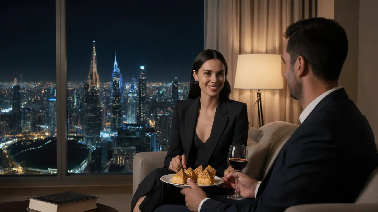 Two people sitting calmly in a luxury Dubai apartment, sharing a snack and conversation.